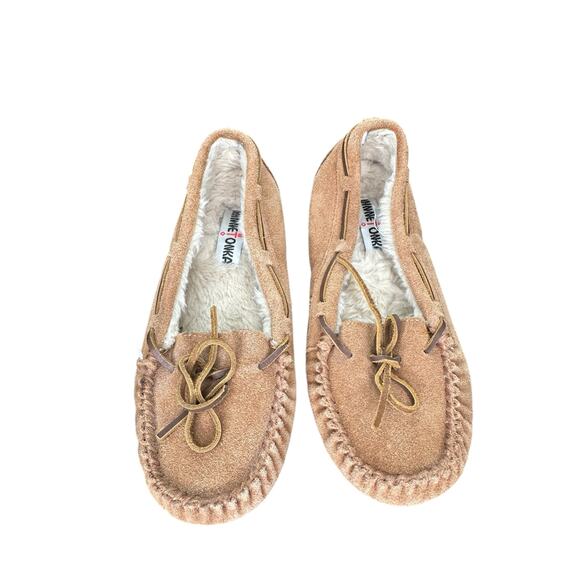 Minnetonka Brown Beige Comfort Jr. Trapper Faux Fur Lined Moccasins Size 9 - Picture 1 of 8
